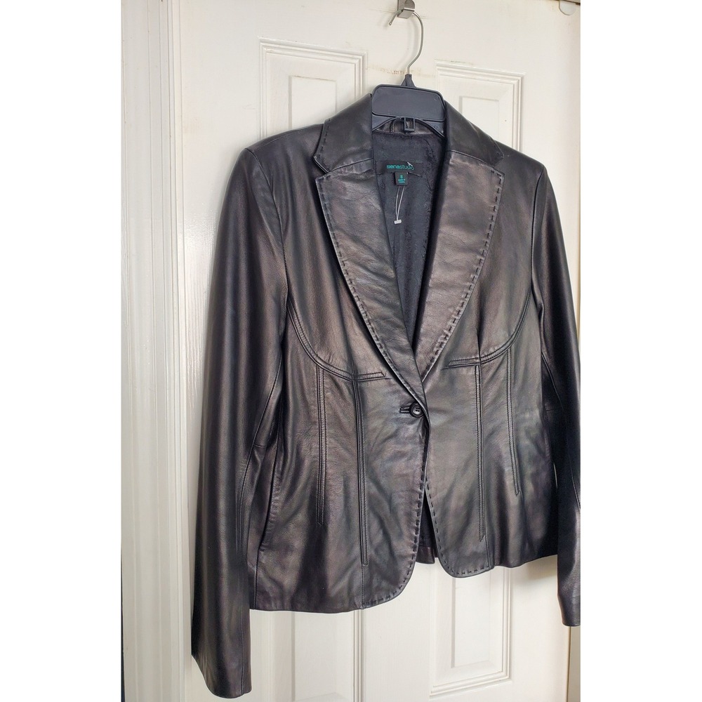Siena Studio 90s Leather Blazer Black Whipstitch One Button Jacket Size 8 - Picture 3 of 8